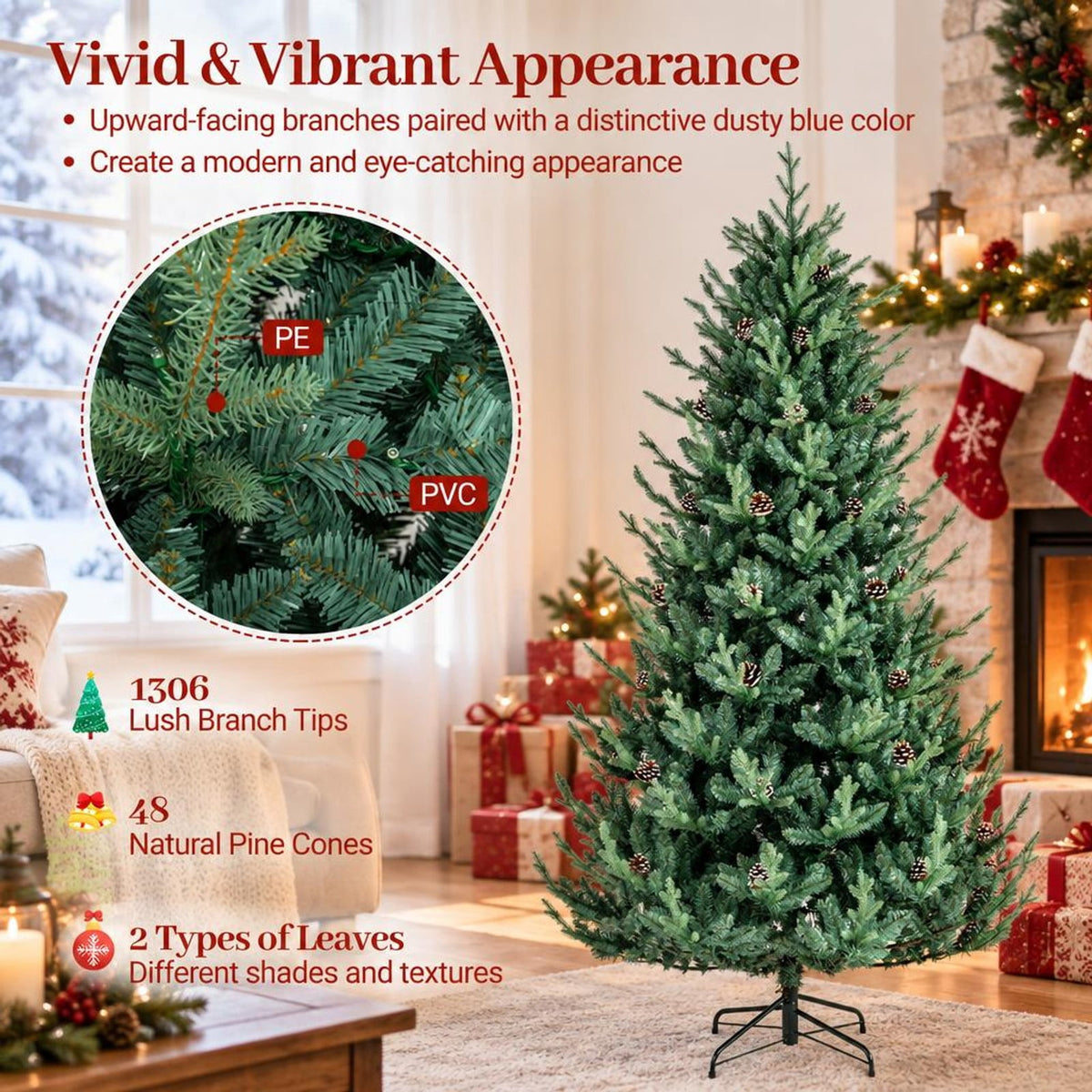 Airfind Pre-Lit Artificial Christmas Tree with Multicolored LED Lights, PE PVC Metal Frame, Size S 3.4 x 6 ft Footprint, Green