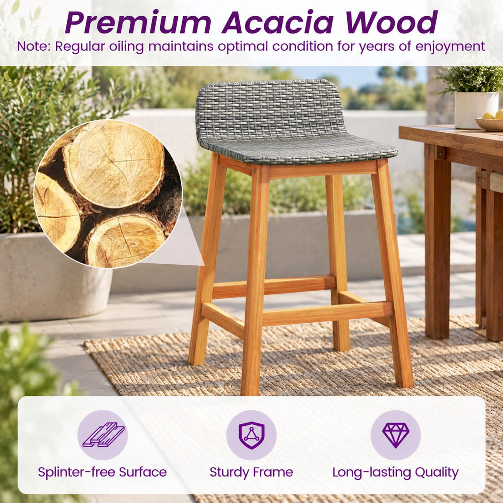 Airfind Solid Acacia Wood Bar Stools Set of 2 with Backrests and Footrests for Porch, Acacia Wood PE Rattan Frame, Gray