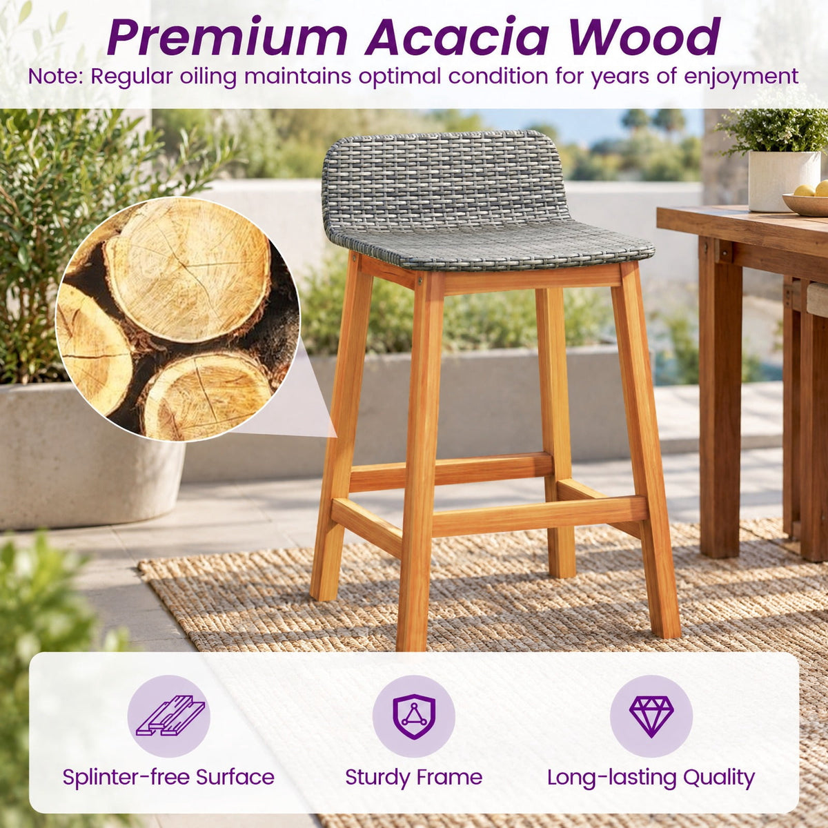 Airfind Solid Acacia Wood Bar Stools Set of 2 with Backrests and Footrests for Porch, Acacia Wood PE Rattan Frame, Gray