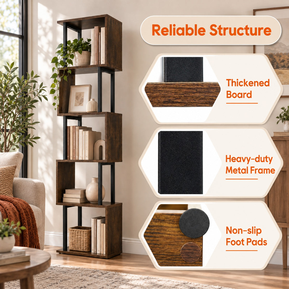 Airfind 5-Tier S-Shaped Bookshelf w/ Open Cubes Anti-toppling Kits for Living Room, 22 lbs Capacity, Engineered Wood Frame, Brown