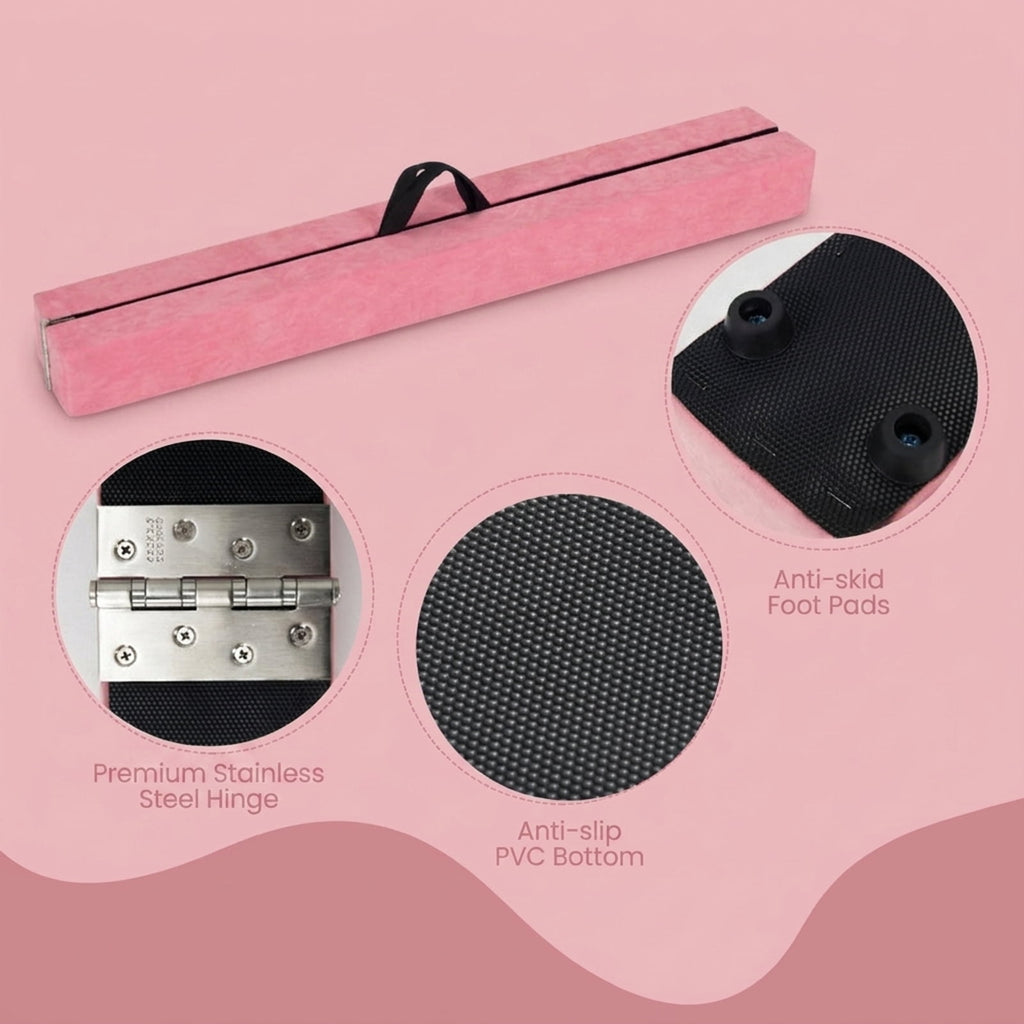 Airfind 9 ft Folding Gymnastics Balance Beam with Suede Cover, Pine Wood Core and Non-Slip Mat, Pink
