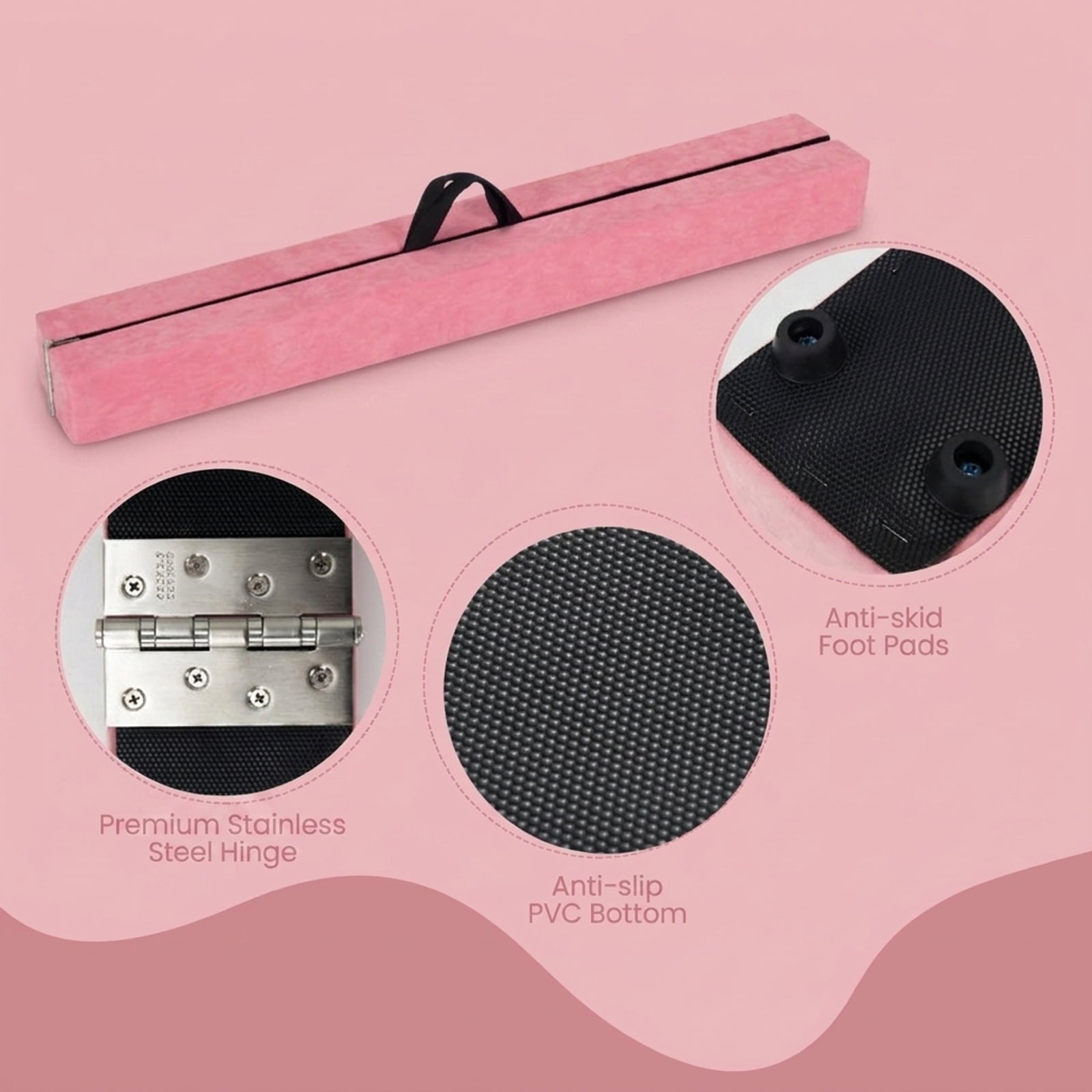 Airfind 9 ft Folding Gymnastics Balance Beam with Suede Cover, Pine Wood Core and Non-Slip Mat, Pink