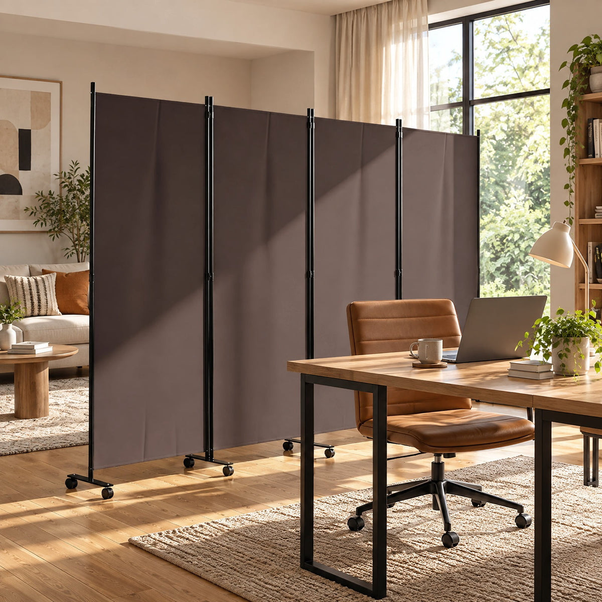 Airfind 4 Panel Folding Privacy Screen Room Divider with Wheels, Polyester Fabric Metal PP Frame, 137 x 12 x 71.5 Footprint, Brown