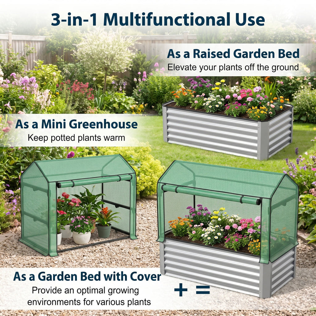 Airfind 6 x 3 x 3 Feet Galvanized Raised Garden Bed with Greenhouse, Galvanized Steel Metal PVC Frame, Green