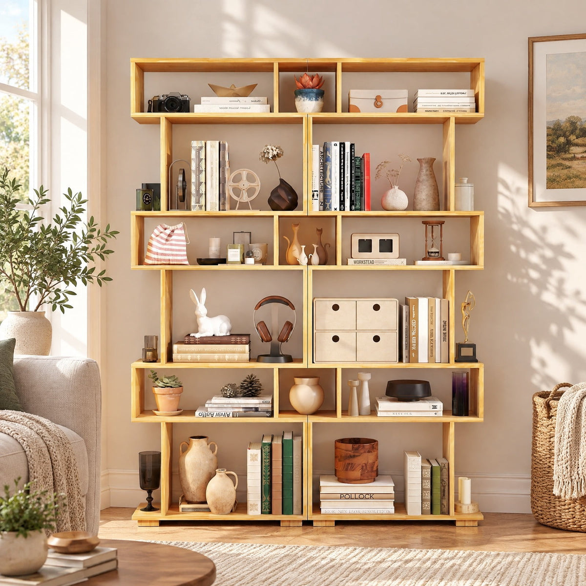 Airfind 6-Tier Geometric Bookshelf with 2 Anti-Tipping Kits for Home Office, 11 lbs Capacity, Engineered Wood Frame, 24 x 8 x 64 Footprint, Wood