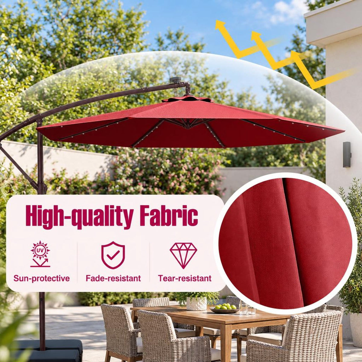 Airfind 10 Ft Patio Umbrella Offset Cantilever Umbrella with 40 Solar Powered Lights, Polyester Fabric Metal Oxford Fabric Frame, Red