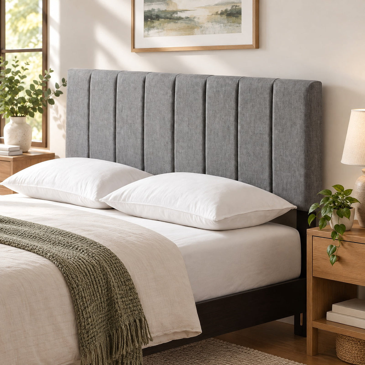 Airfind Linen Upholstered Headboard with Solid Wood Legs and Adjustable Width, Linen Fabric Sponge Rubber Wood MDF Frame, 64 x 3 x 45.5 Footprint