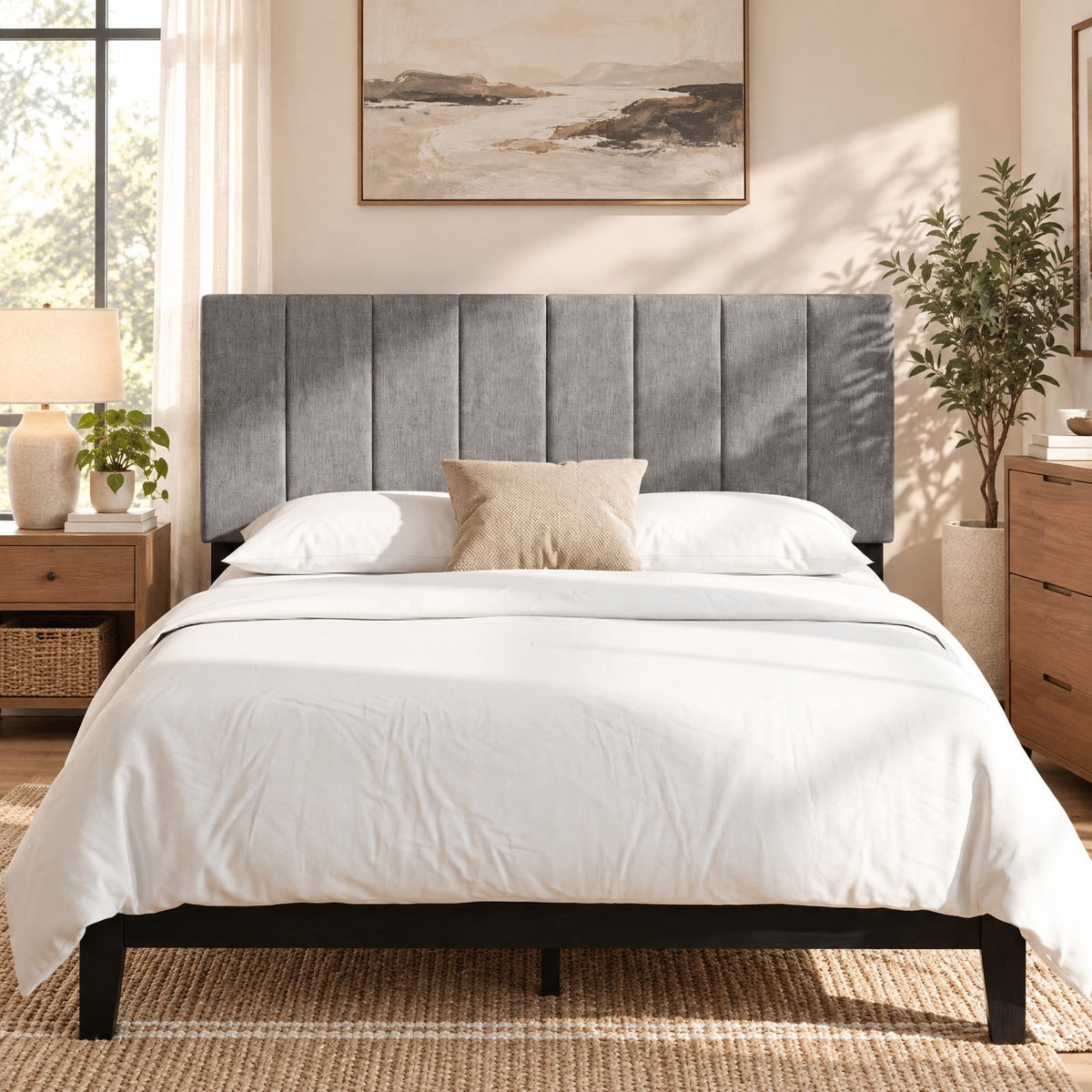 Airfind Linen Upholstered Headboard with Solid Wood Legs and Adjustable Width, Linen Fabric Sponge Rubber Wood MDF Frame, 64 x 3 x 45.5 Footprint