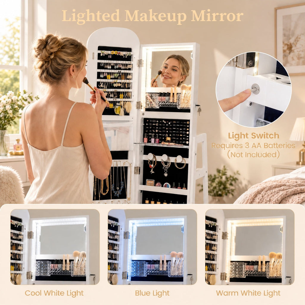 Airfind 360° Swivel Jewelry Cabinet with Full-Length Mirror and Dual Hooks, Engineered Wood Frame, 22 x 22 x 64.5 Footprint, White