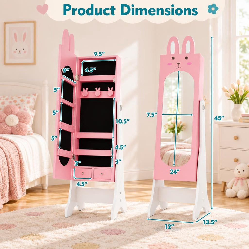 Airfind Youth Jewelry Armoire Cabinet with 2 Tilt Angles and Large Capacity, Mdf, 13.5 Inch X 12 Inch X 45 Inch with MDF and Glass Construction, Pink