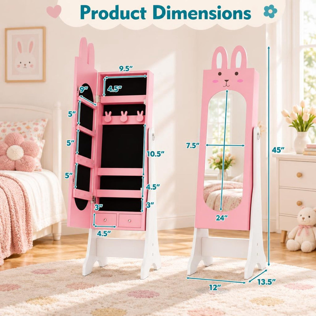 Airfind Youth Jewelry Armoire Cabinet with 2 Tilt Angles and Large Capacity, Mdf, 13.5 Inch X 12 Inch X 45 Inch with MDF and Glass Construction, Pink