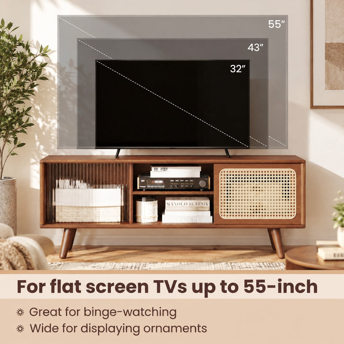 Airfind Modern TV Stand with Rattan Glass Sliding Doors, Bamboo Rubber Wood Rattan Tempered Glass Frame, 47.5 x 12 x 18 Footprint, Brown