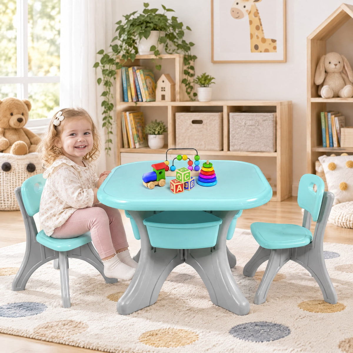 Airfind Youth Activity Table, Youth, and Chair Set Play Furniture W/Storage, 176 lbs Capacity, PP Frame, 27 Inch x 27 Inch x 20 Inch Footprint, Blue