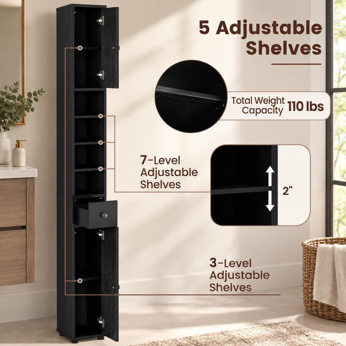 Airfind Freestanding Slim Bathroom Cabinet with Drawer and Adjustable Shelves, 110 lbs Capacity, MDF Frame, 8in x 8in x 71in Total Footprint, Black