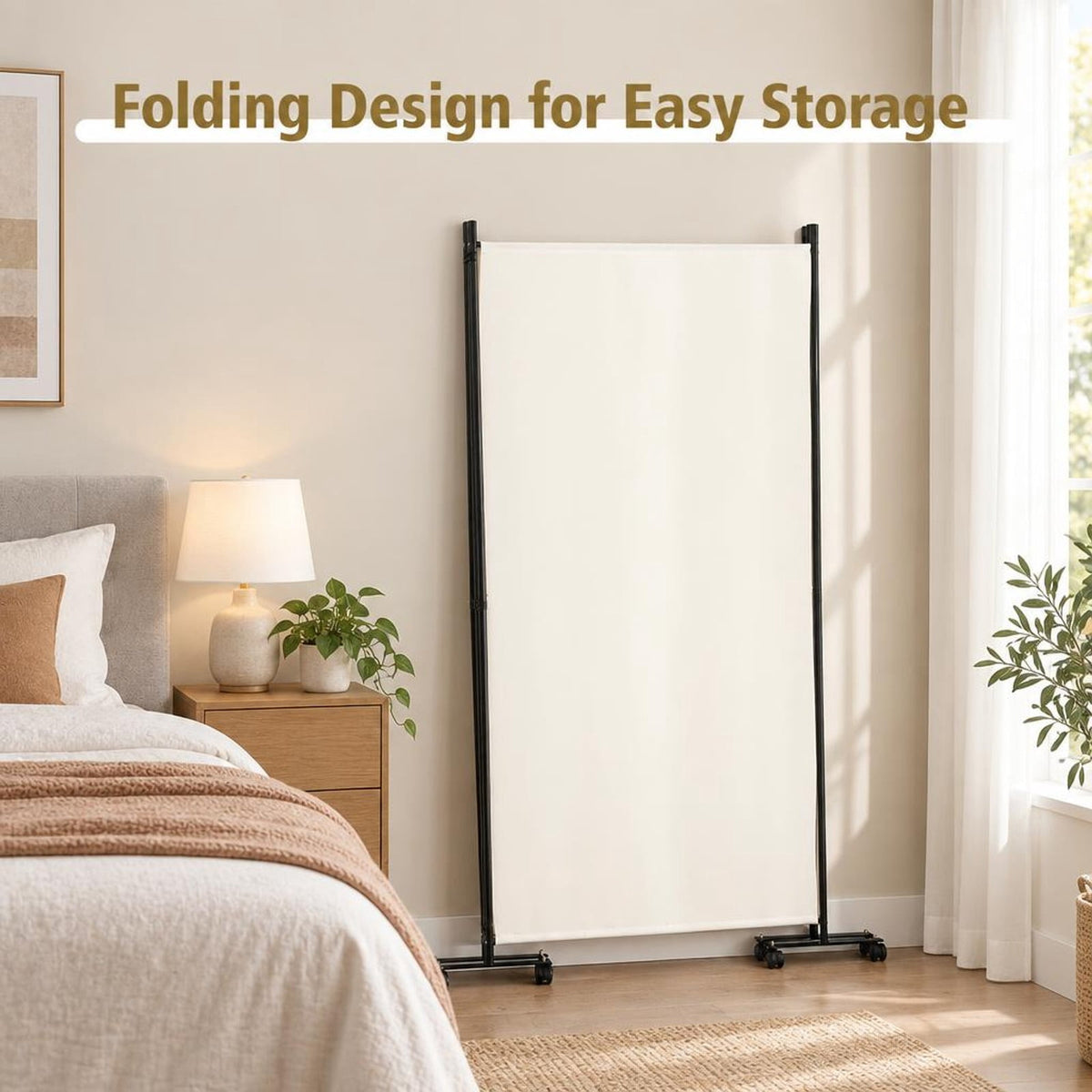 Airfind 3 Panel Folding Room Divider with Lockable Wheels, Metal Polyester Fabric Tiled Frame, 103 x 12 x 71 Footprint, White