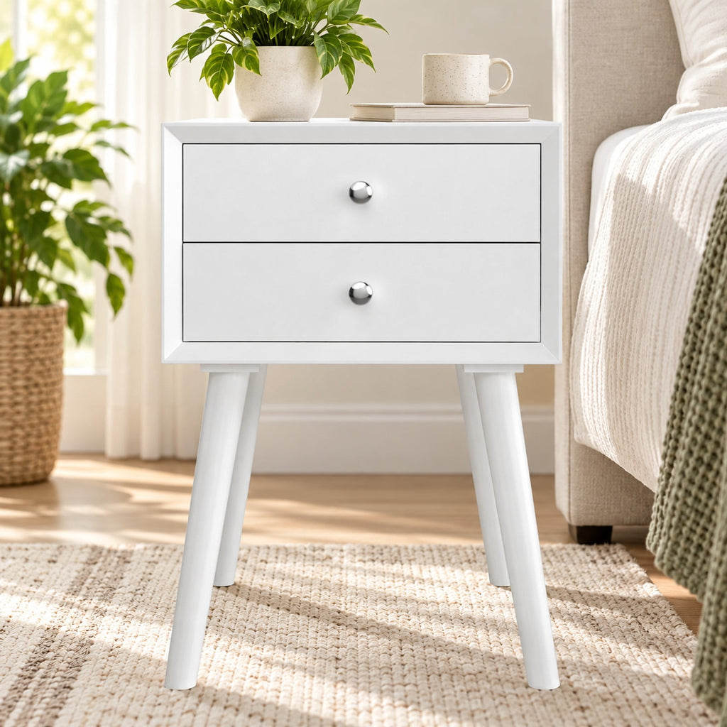 Airfind Wooden Nightstand Mid-Century End Side Table with 2 Storage Drawers, 165 lbs Capacity, Rubber Wood Frame, White
