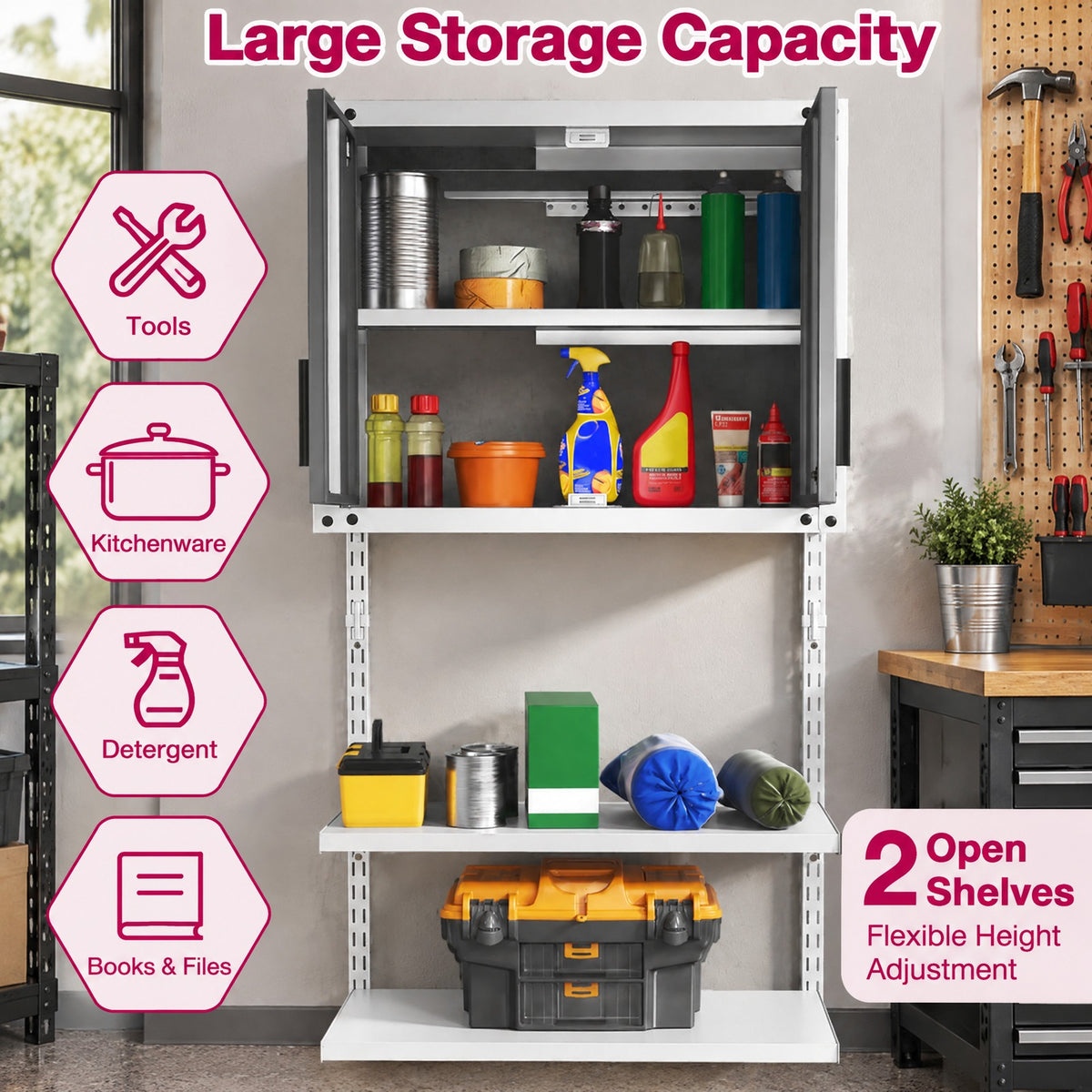 Airfind Metal Wall Cabinet with Lock and 3 Adjustable Shelves, 55 lbs Capacity, Metal Frame, 28.5in x 14in x 47in Footprint, Gray and White