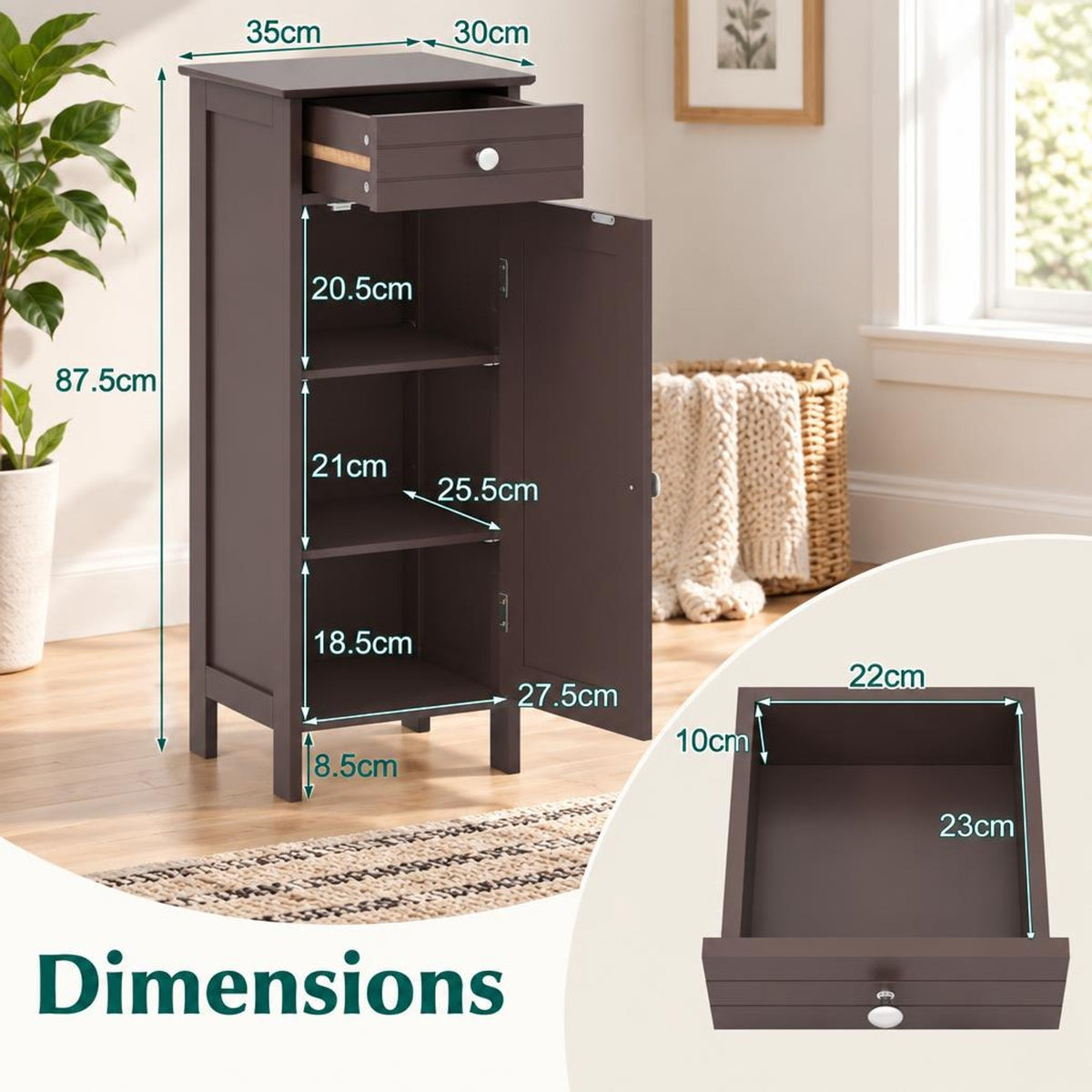 Airfind Wooden Storage Free-Standing Floor Cabinet with Drawer and Shelf, 132 lbs Capacity, MDF Frame, 14in x 12in x 34.5in Footprint, Brown