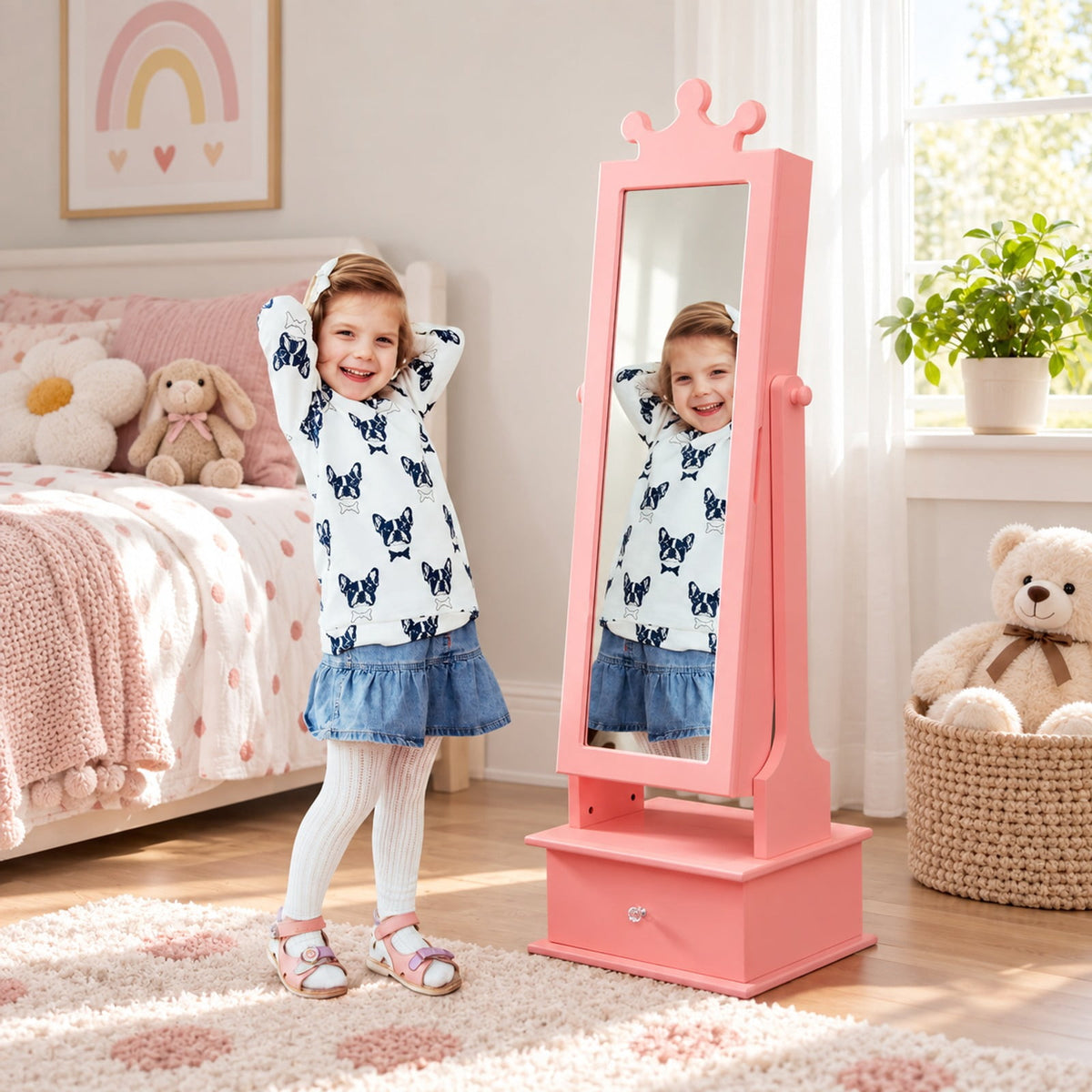 Airfind 2-in-1 Kids Play Jewelry Armoire with Full Length Mirror and Drawers, MDF Glass Frame, for 3+ Years Old, 13.5 x 12 x 40.5/44.5 Footprint