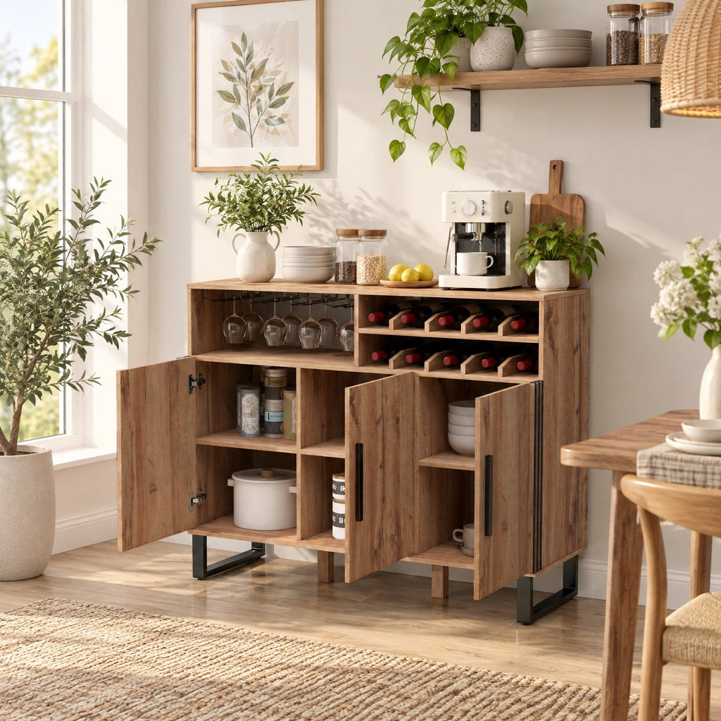 Airfind Home Wine Bar Cabinet with 3 Doors and Adjustable Shelves, 110 lbs Capacity, Engineered Wood MDF Frame, 47in x 16in x 37.5in Footprint, Brown