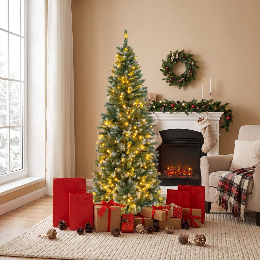 Airfind 6 Feet Pre-Lit Artificial Christmas Tree with 618 Snowy Branch Tips, PVC Metal Tree Height 150 cm Tree Width 48 cm Frame, Blue+Green