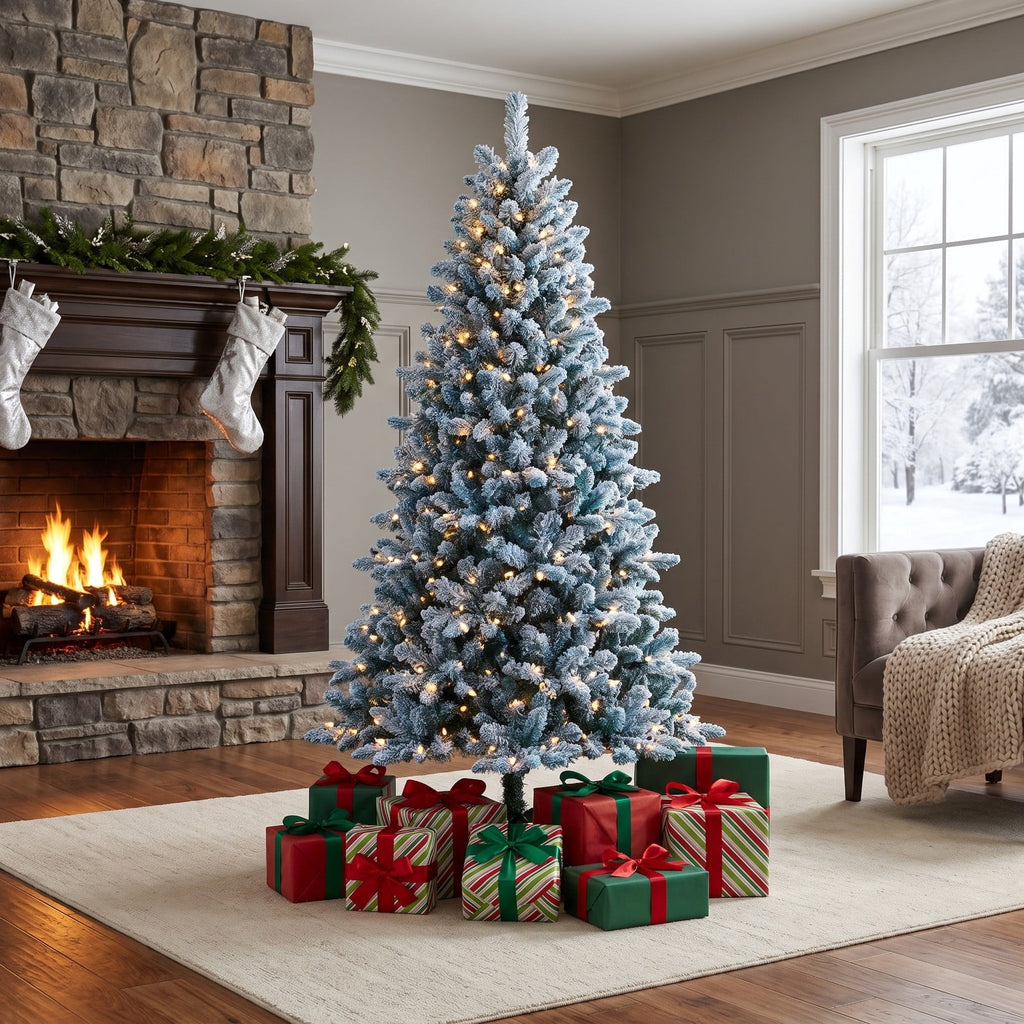 Airfind 6/7/8/9 FT Artificial Christmas Tree with 767 Snowy Branch Tips-7 FT, PVC Metal Frame, 3.1 x 6 ft Footprint, Blue