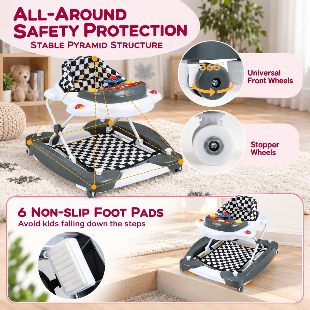 Airfind 6-in-1 Foldable Youth Walker featuring Adjustable Height, 26.5 lbs Capacity, PP Frame, for 6-14 Months, 28 Inch x 24 Inch x 19.5 Inch, Gray