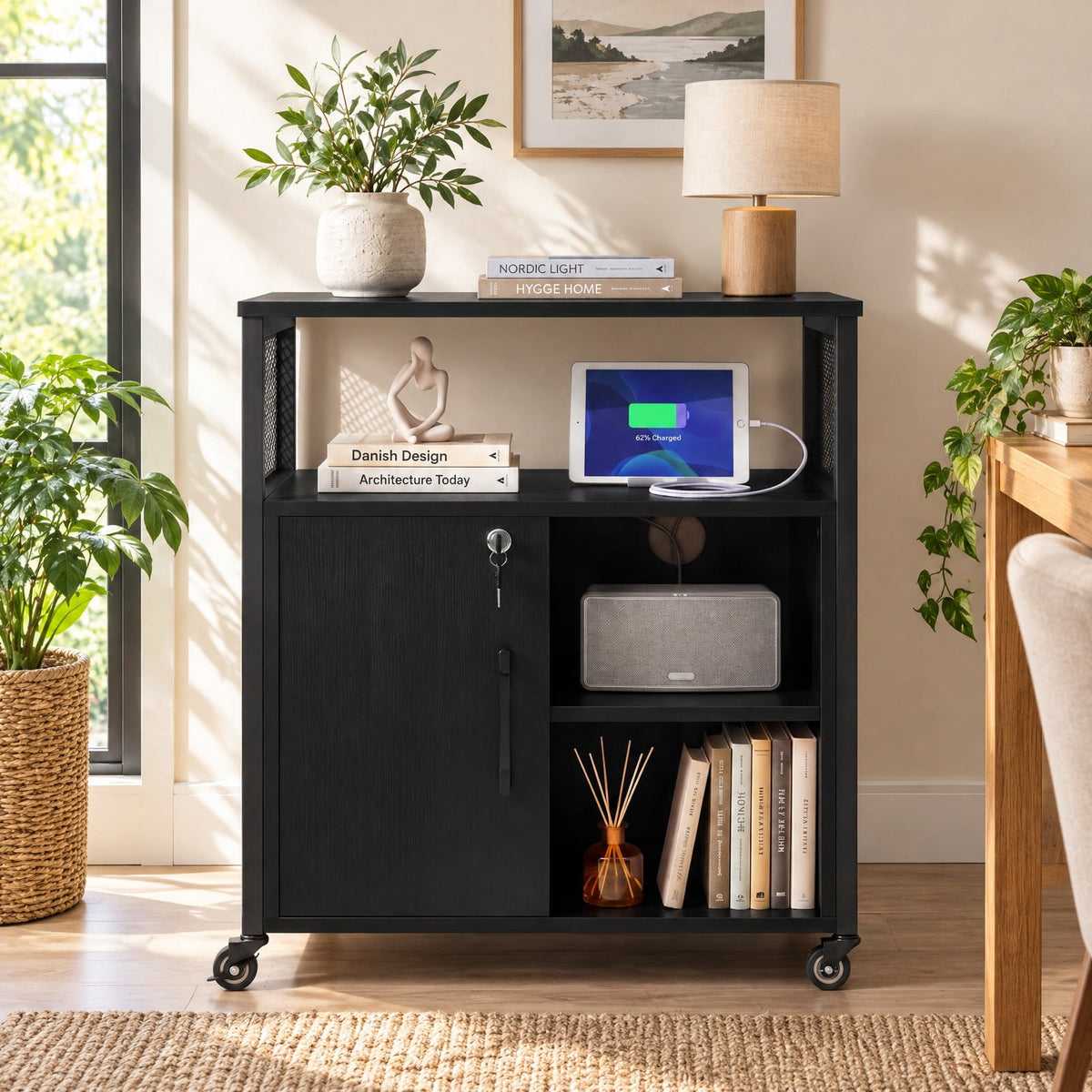 Airfind File Cabinet on Wheels with Charging Station and Cable Management Hole, 24 Inch x 17 Inch x 26 Inch Footprint, Black