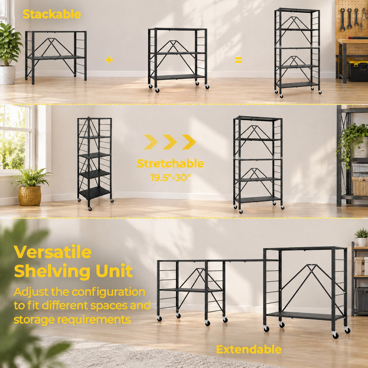 Airfind 5-Tier Foldable Storage Shelf with Wheels, 165 lbs Capacity, Metal Frame, 30 Inch x 13.5 Inch x 60.5 Inch Footprint, Black