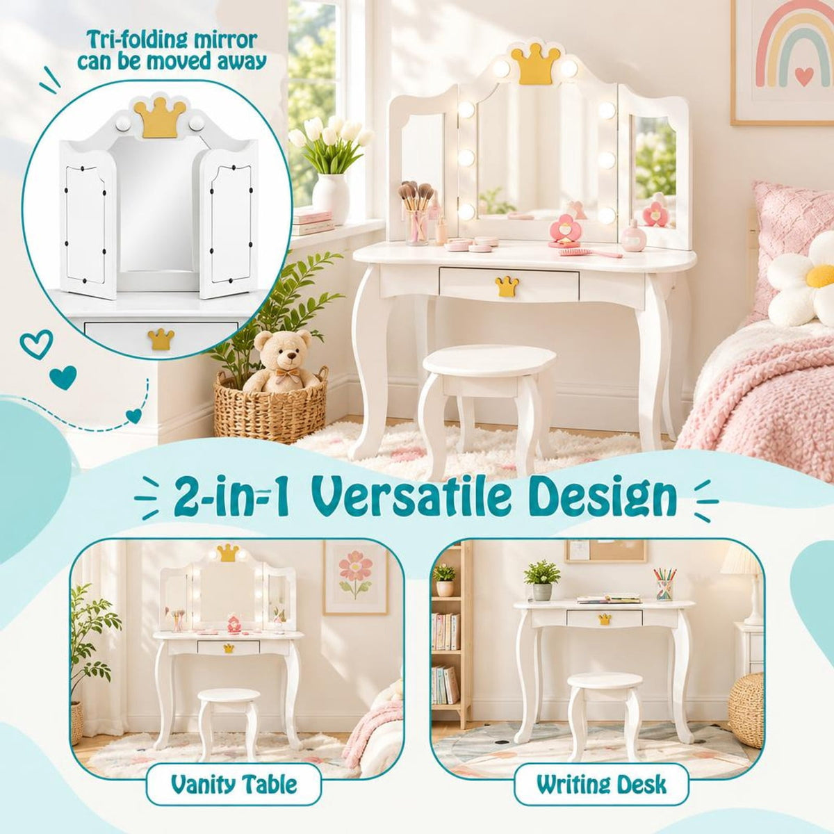 Airfind Kids Vanity Set with Tri-fold Lighted Mirror Detachable Top and Stool, 110 lbs Capacity, MDF Frame, for 3-7 Years Old, White