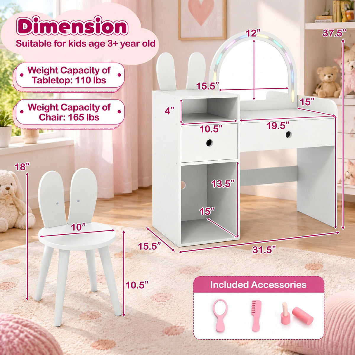 Airfind Kids Vanity Desk and Chair Set with Lights Open Shelves, 110 lbs Capacity, MDF Frame, 31.5 x 15.5 x 37.5 Tabletop Footprint, White