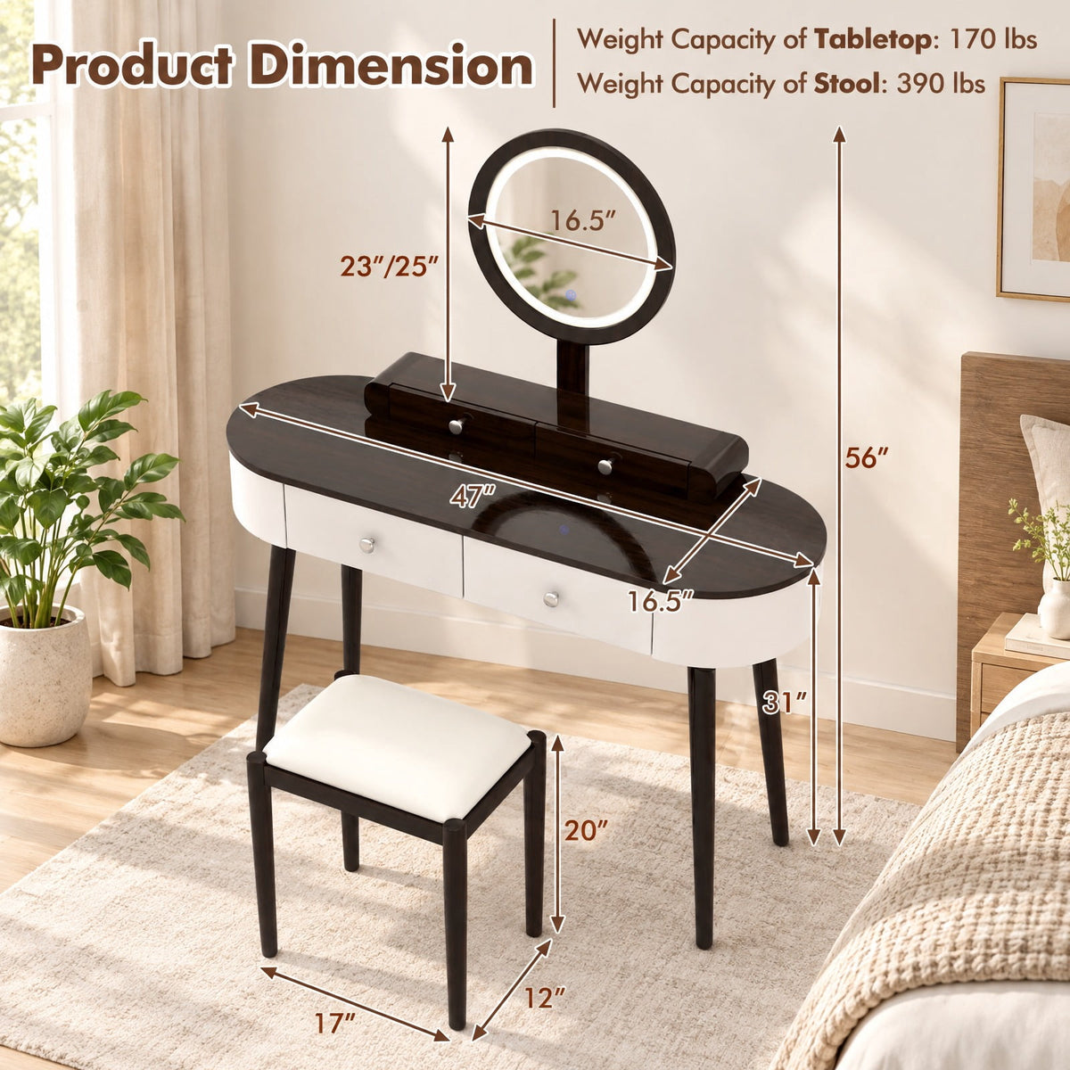 Airfind Dressing Vanity Table Set with LED Mirror and 4 Drawers, 170 lbs Capacity, MDF Frame, 47 Inch x 16.5 Inch x 56 Inch Footprint, White