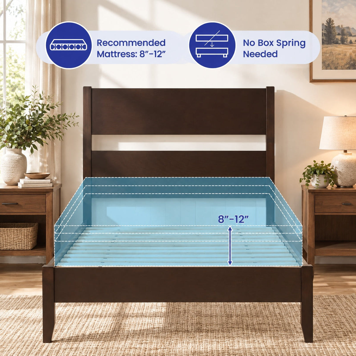 Airfind Twin Bed Frame with Headboard with Solid Wood Legs 12 Slats-Rustic Brown, 550 lbs Capacity, Rubber Wood Engineered Wood LVL Frame, Wood