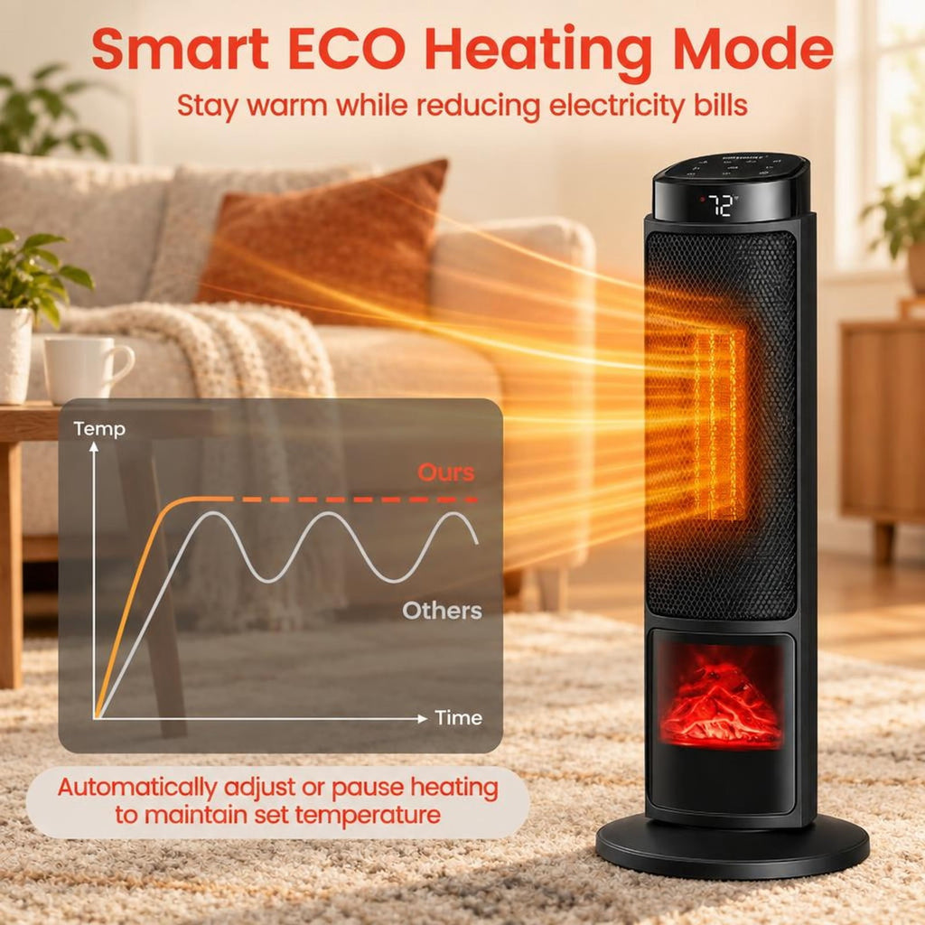 Airfind 24 Inch 1500W PTC Ceramic Tower Space Heater with 7-Color Flame, 9 Inch x 24 InchLength of Footprint for Everyday Use, Black