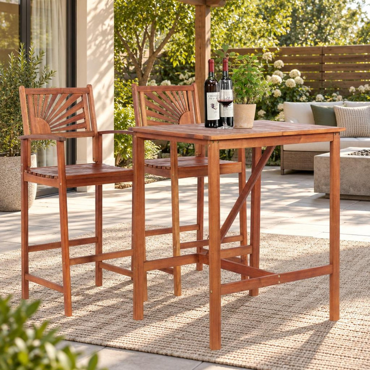 Airfind 3 Pieces Acacia Wood Patio Bar Set with Sunflower Patterned Backrest, Acacia Wood Frame, 21.5 x 19.5 x 47 Footprint, Wood