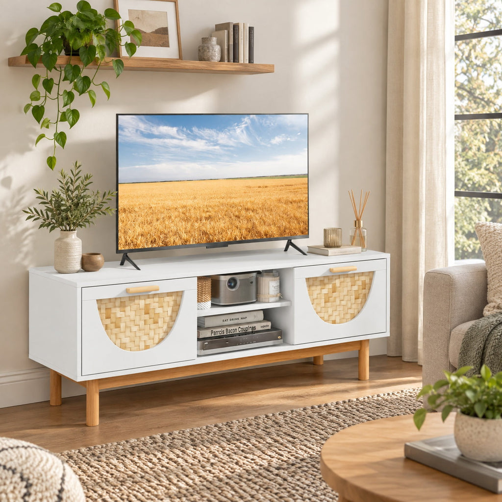 Airfind Mid Century Modern TV Stand Entertainment Center for 55-Inch TV with 2 Drawers and Bamboo Woven Fronts, MDF Frame, White