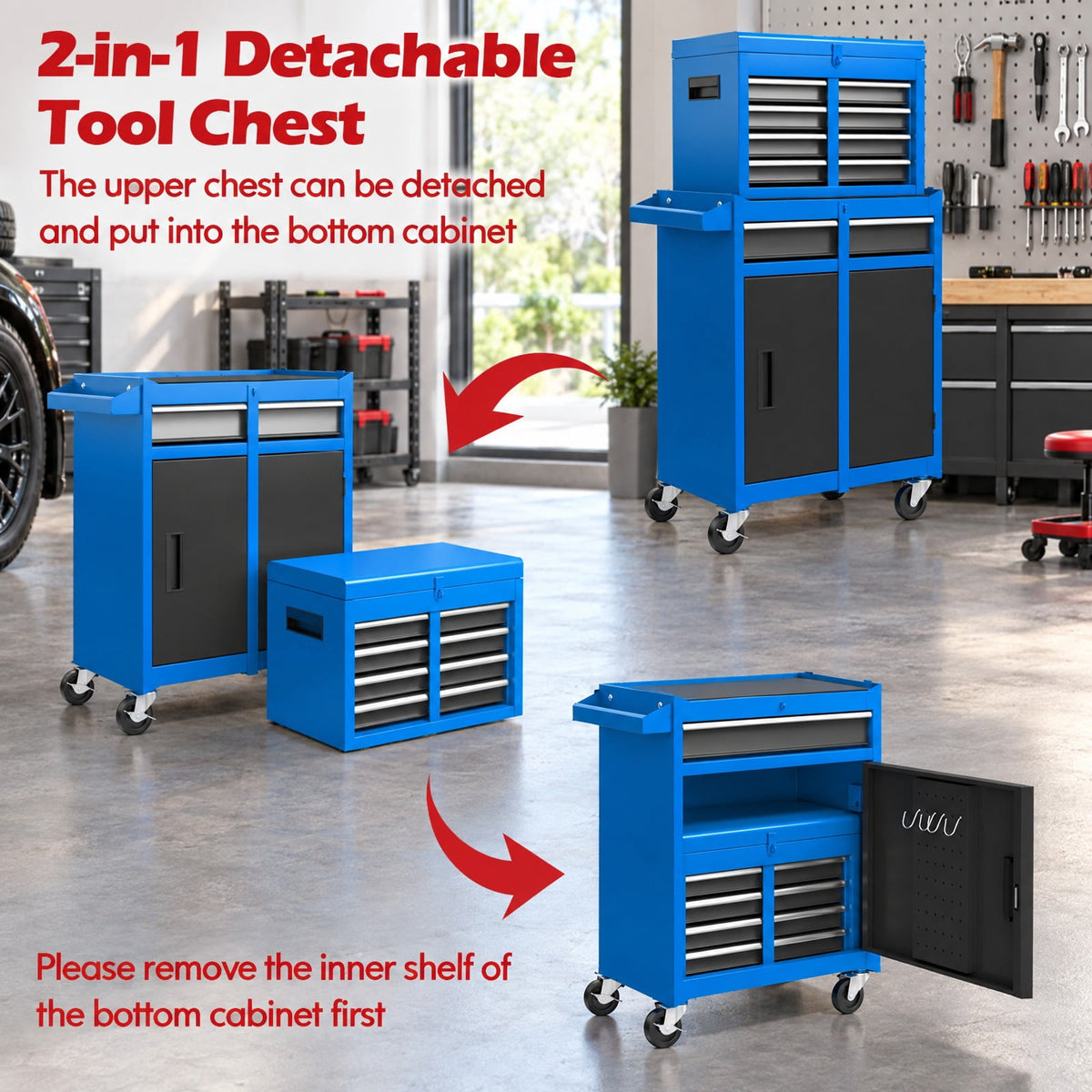 Airfind 2-in-1 Rolling Tool Chest with 5 Sliding Lockable Drawers, 220.5 lbs Capacity, Steel rubber-plastic synthetic Frame, Navy
