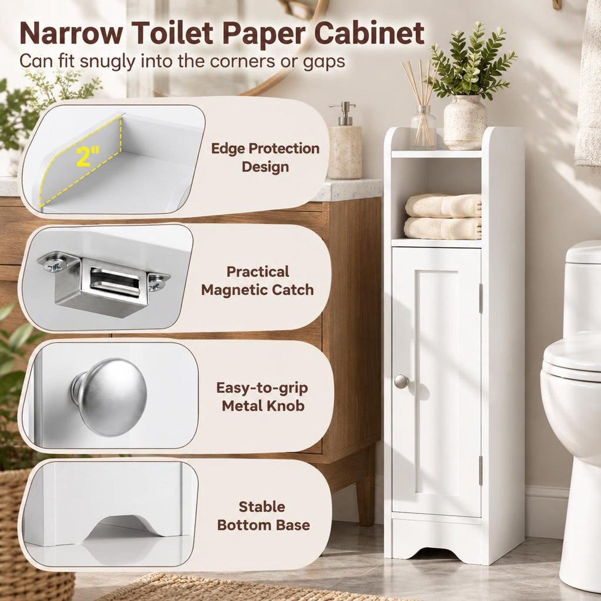 Airfind Slim Bathroom Cabinet Corner with 1 Door and Adjustable Shelves, 22 lbs Capacity, Engineered Wood Frame, 7.5in x 7in x 31.5in Footprint, White