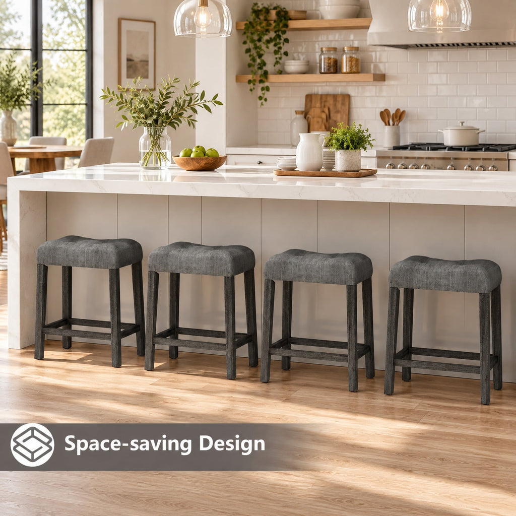 Airfind 24 Inch Set of 2 Saddle Bar Stools with Padded Seat, 350 lbs Capacity, Linen Fabric Sponge Rubber Wood MDF Frame, Gray