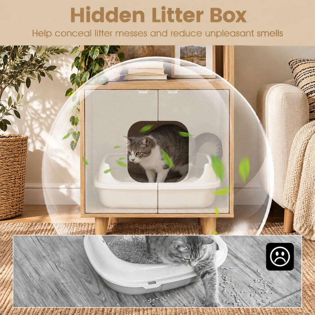 Airfind Cat Litter Box Enclosure, with Shelf and 2 Doors Wooden House, 44 lbs Capacity, Engineered Wood Rubber Wood Metal Frame, Natural