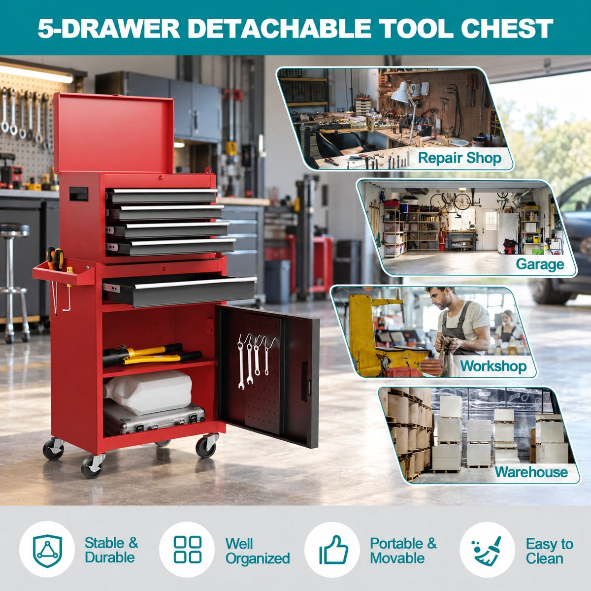 Airfind 2-in-1 Tool Chest and Cabinet with 5 Sliding Drawers-Black and Red, 220.5 lbs Capacity, Steel rubber-plastic synthetic Frame, Gray