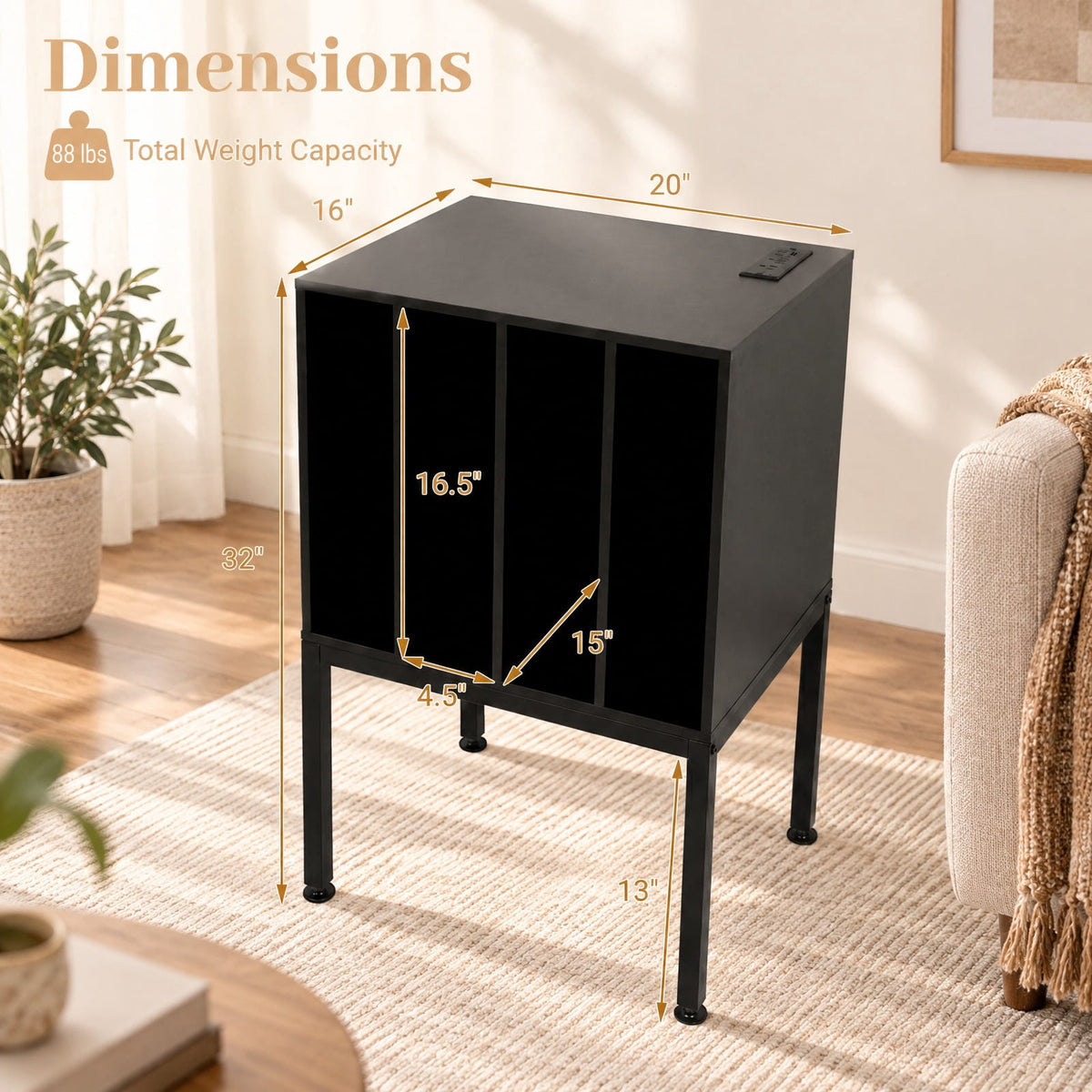 Airfind Turntable Record Player Stand with Power Outlets, 88 lbs Capacity, Engineered Wood Metal MDF Frame, 20 x 16 x 32 Footprint, Black