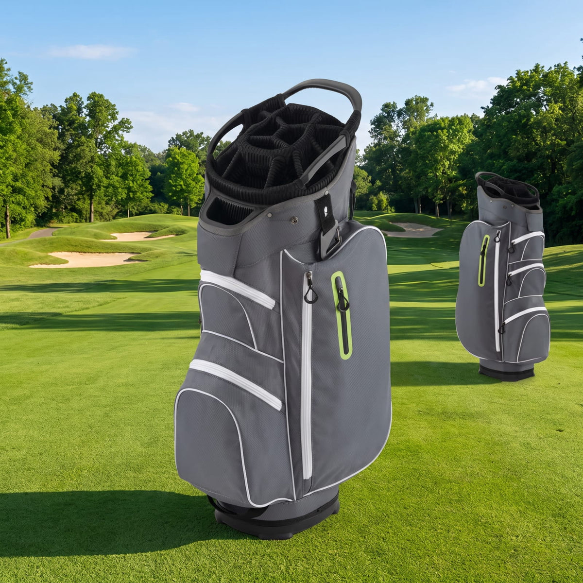 Airfind 9.5 Inch Lightweight Golf Cart Bag with 15 Way Top Dividers and 7 Zippered Pockets and Cooler Bag and Rain Hood, Green