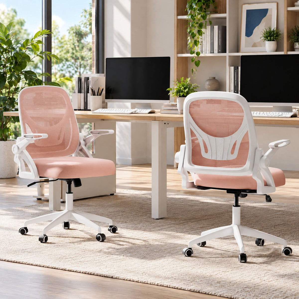 Airfind Ergonomic Computer Desk Chair with Lumbar Support and Flip-up Arms, 330 lbs Capacity, PP Metal Mesh Plywood Sponge Frame, Pink