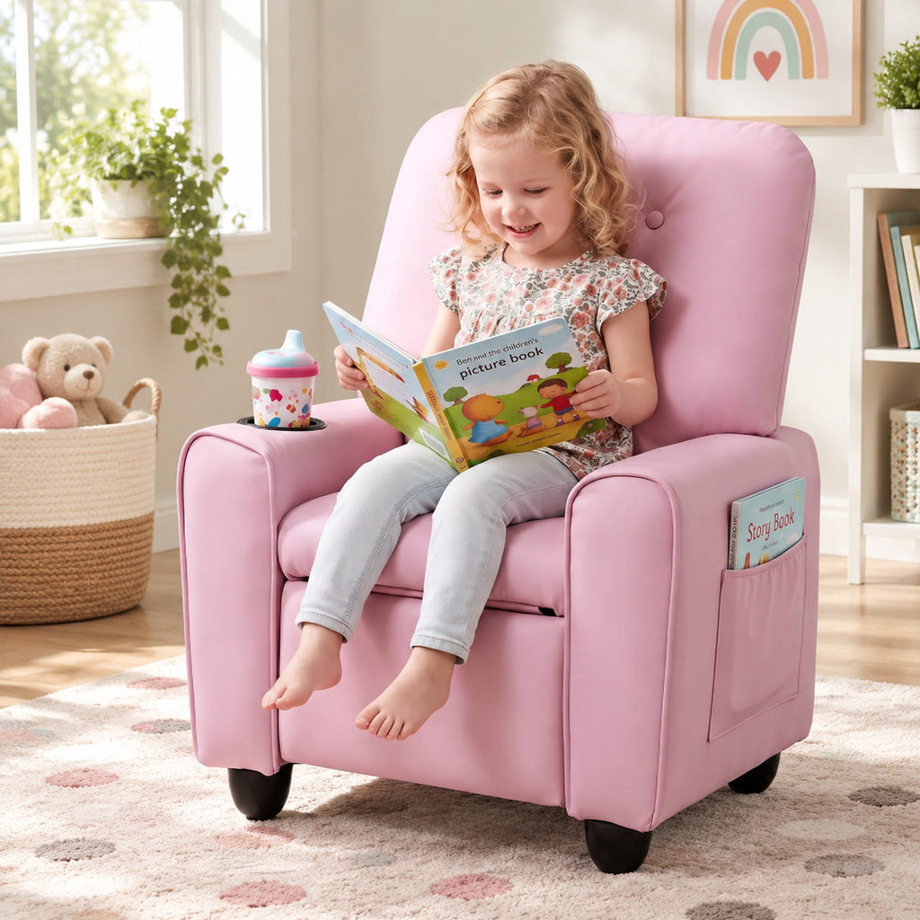 Airfind Youth Recliner Chair with Cup Holder, Side Pocket and Push-back Footrest, PU Upholstery, 24 x 21 x 30 in for Everyday Use, Pink