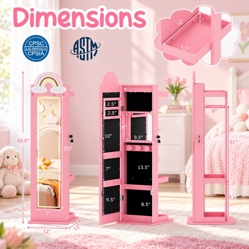 Airfind 3 In 1 Kids Jewelry Cabinet Freestanding Jewelry Armoire with 3-Color Lighted Mirror, MDF Glass Acrylic Frame, Pink