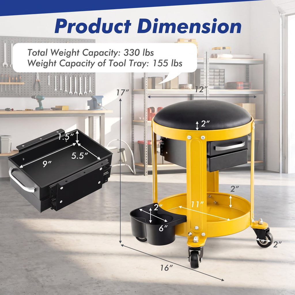 Airfind Rolling Mechanic Stool with Removable Padded Seat and Drawers, 330 lbs Weight Capacity of Tool Tray: 155 lbs Capacity, 16 x 17 Footprint