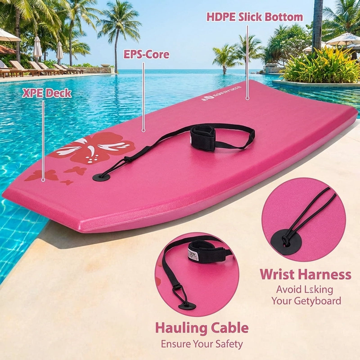 Airfind 37 Inch IXPE Bodyboard for Teens ¡ª Cool-Touch Deck, EPS Core, HDPE Slick Bottom, Crescent Tail, Coiled Wrist Leash Included (Pink)