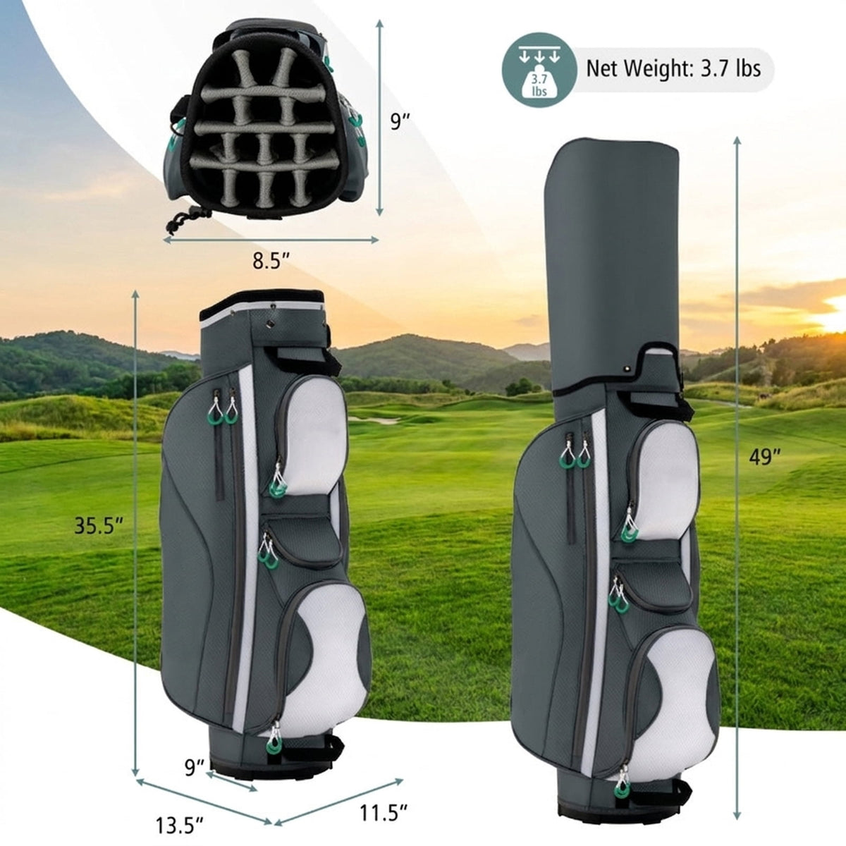 Airfind Ultra-Light 14-Way Cart Bag with Cooler Bag, 7 Pockets and Rain Hood, Gray