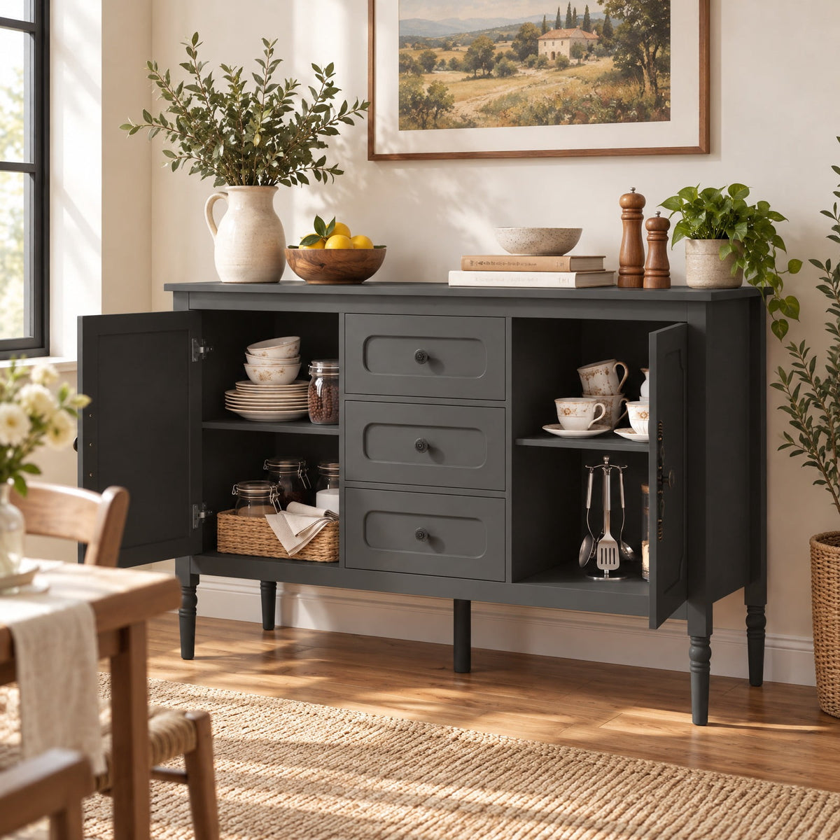 Airfind 47 Inch Vintage Buffet Cabinet with 3 Drawers 2 Cabinets and Adjustable Shelves for Dining Room, 110 lbs Capacity, 47 Inch x 15.5 Inch x 31.5 Inch Footprint